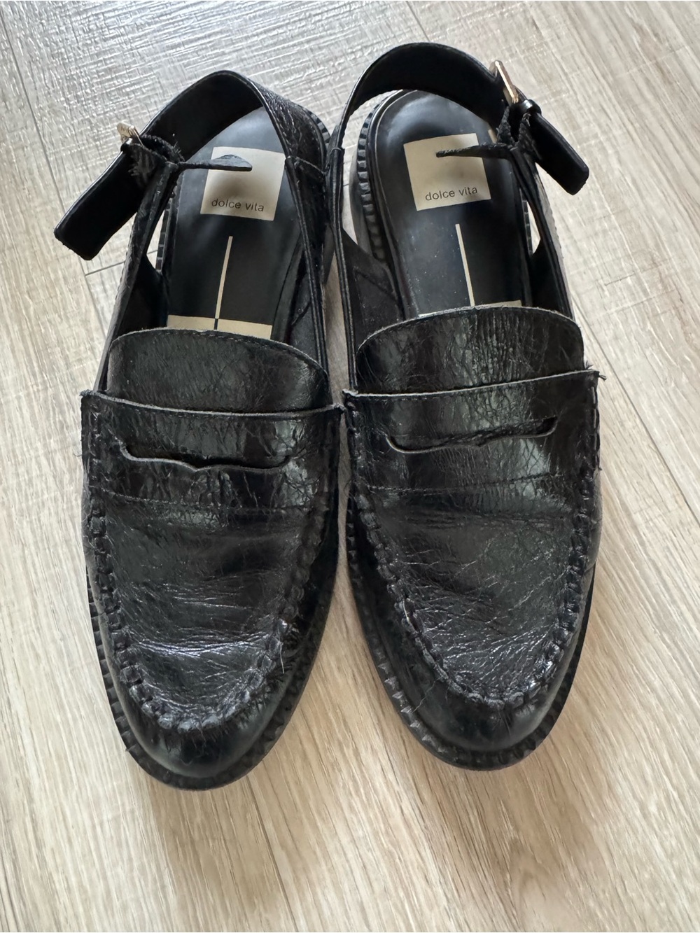 Dolce Vita Black Leather Penny Loafers with Ankle Strap Detail